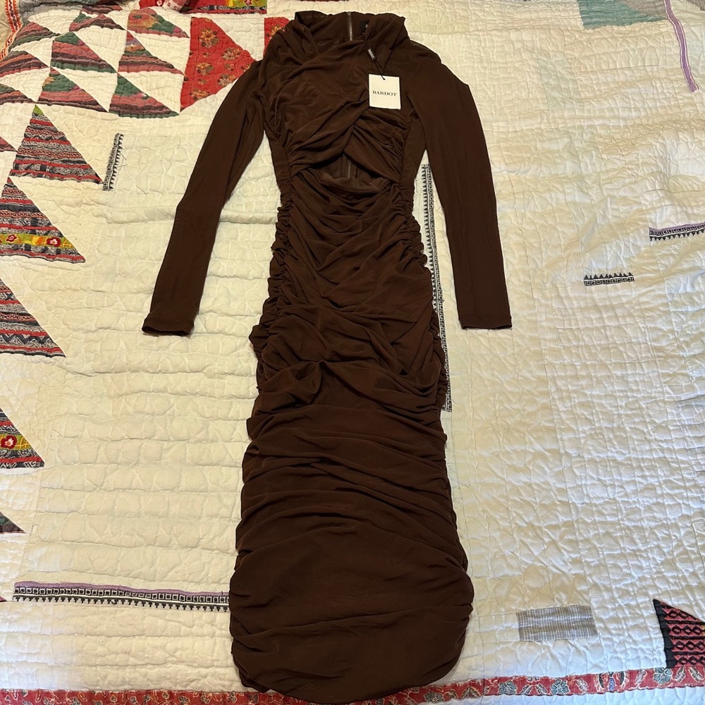 Bardot Aliyah Dress Chocolate Brown Ruched Mesh Long Sleeve Midi US 4